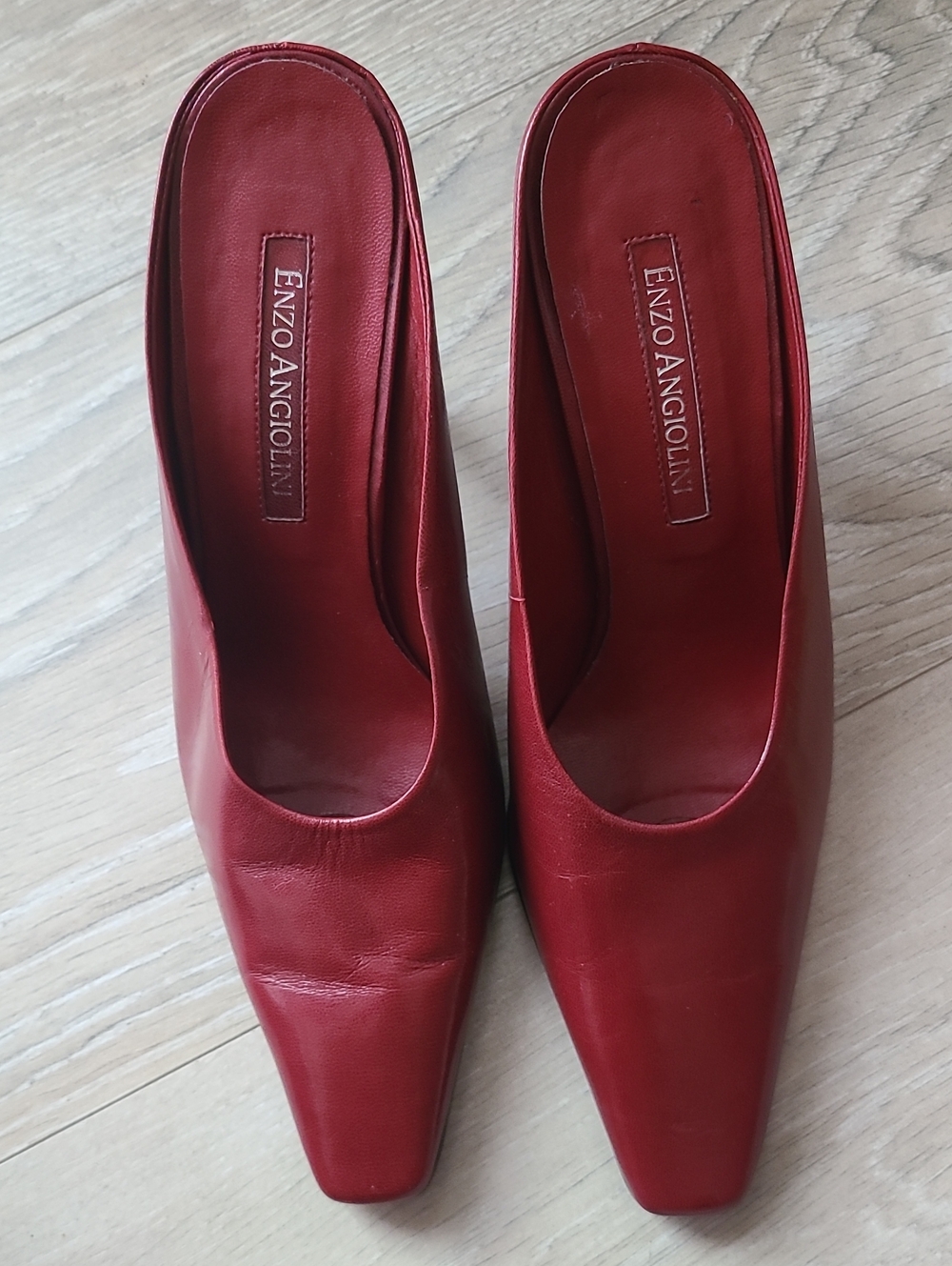 Enzo Angiolini Red Leather Square-Toe Slip-On Mules